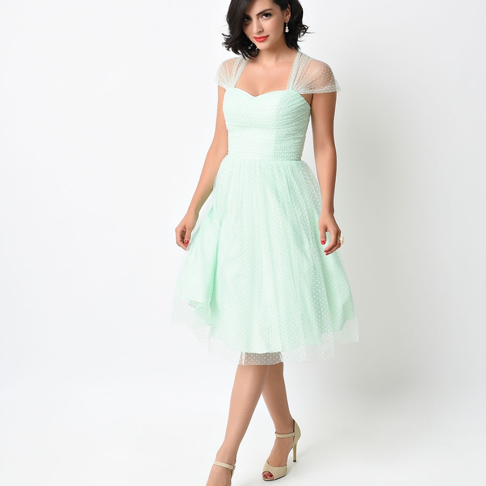 Unique Vintage Mint and White Swiss Dot Dress Size M